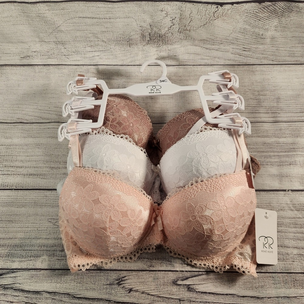 Rene Rofe 3 Pack Extreme Push Up Bras 34C Floral Lace Pink White Mauve NEW